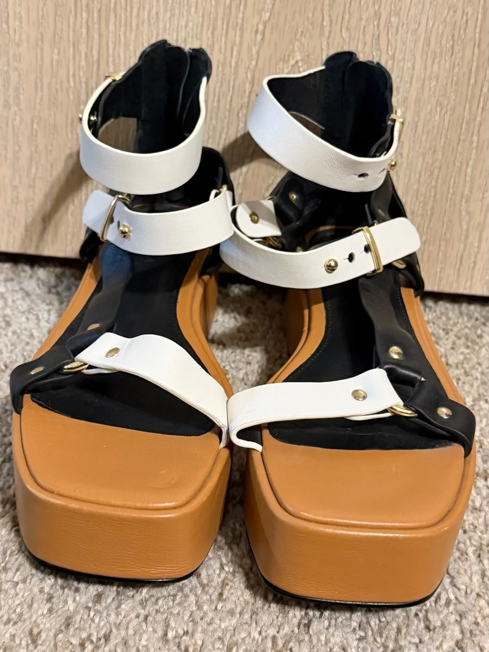 CECELIA NEW YORK White and Tan Platform Gladiator Sandals with Gold Accents